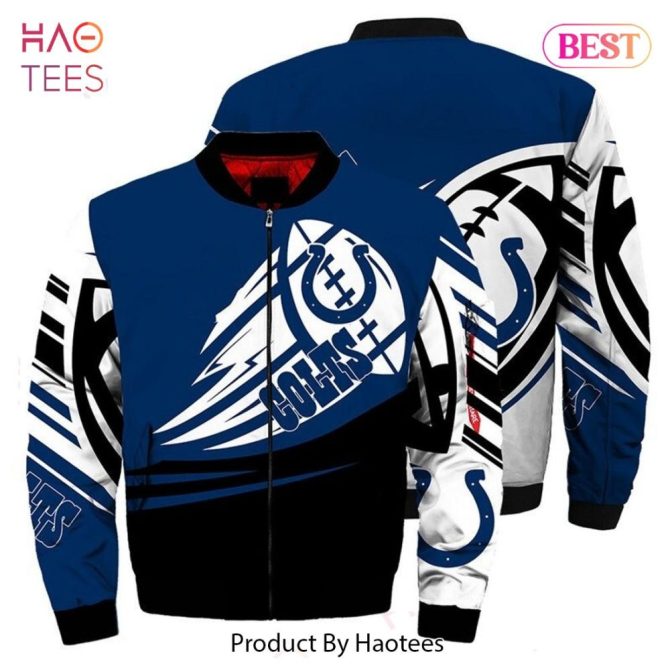 Stylish Blue & White Colts Bomber Jacket - Bold Graphic Design, Perfect For Fans