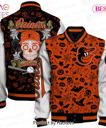 Limited Edition Orioles Halloween Varsity Jacket - Spooky Skull & Bat Design - Perfect For Fans!