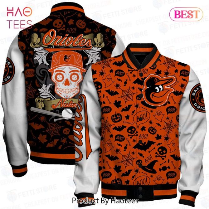Limited Edition Orioles Halloween Varsity Jacket - Spooky Skull & Bat Design - Perfect For Fans!