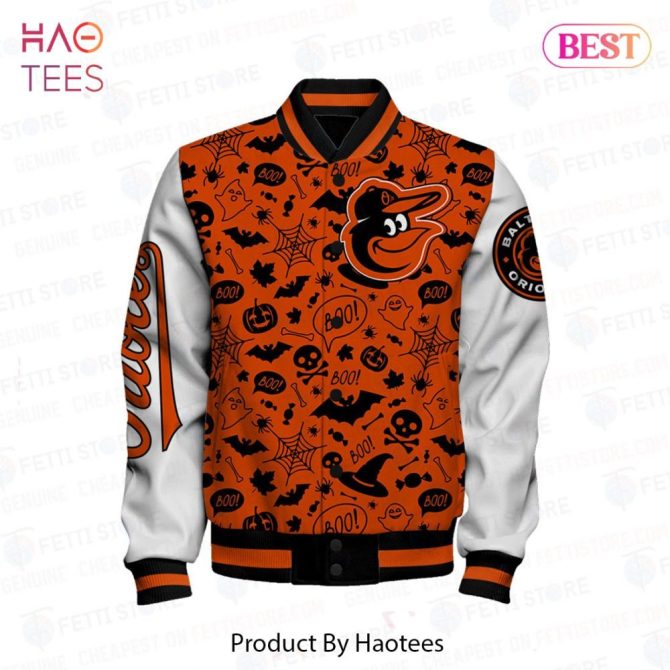 Limited Edition Orioles Halloween Varsity Jacket - Spooky Skull & Bat Design - Perfect For Fans! - Image 2