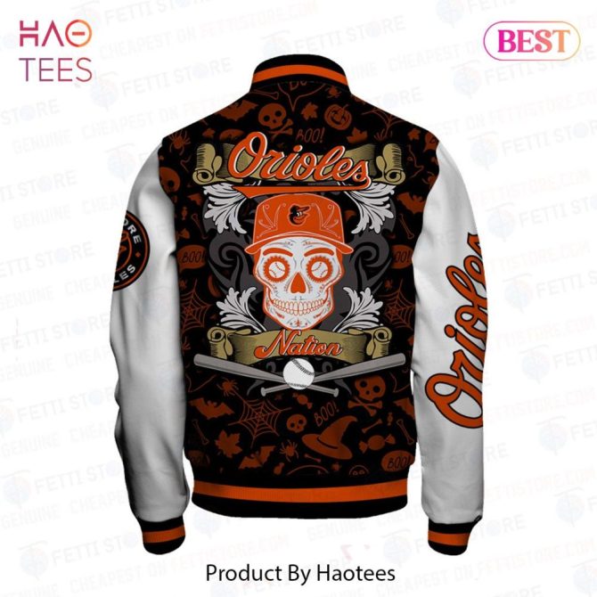 Limited Edition Orioles Halloween Varsity Jacket - Spooky Skull & Bat Design - Perfect For Fans! - Image 3