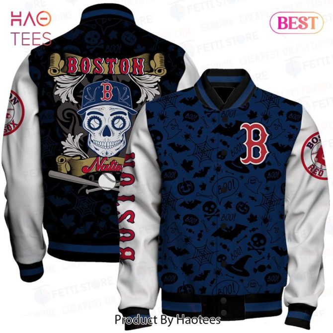Boston Red Sox Skull Varsity Jacket - Limited Edition Halloween Design By Haotees
