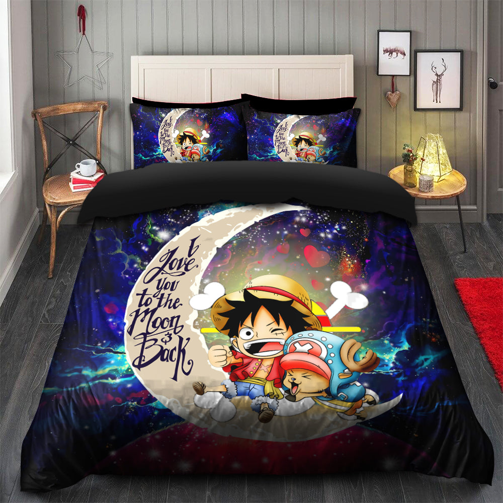 Chibi Luffy And Chopper One Piece Anime Love You To The Moon Galaxy Bedding Set Duvet Cover And 2 Pillowcases