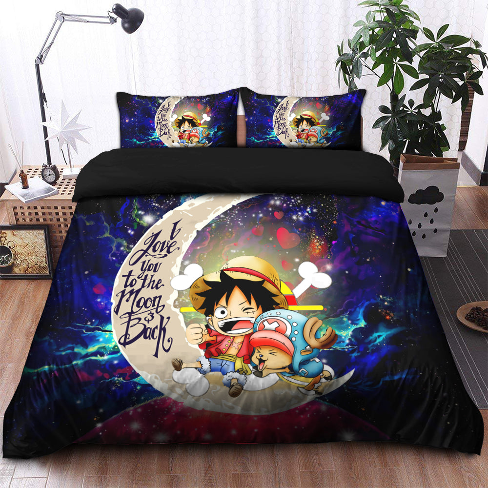 Chibi Luffy And Chopper One Piece Anime Love You To The Moon Galaxy Bedding Set Duvet Cover And 2 Pillowcases - Image 2