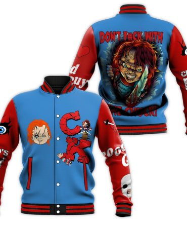 Chucky Horror Varsity Jacket – Bold Blue & Red Graphic Design, Perfect For Fans!