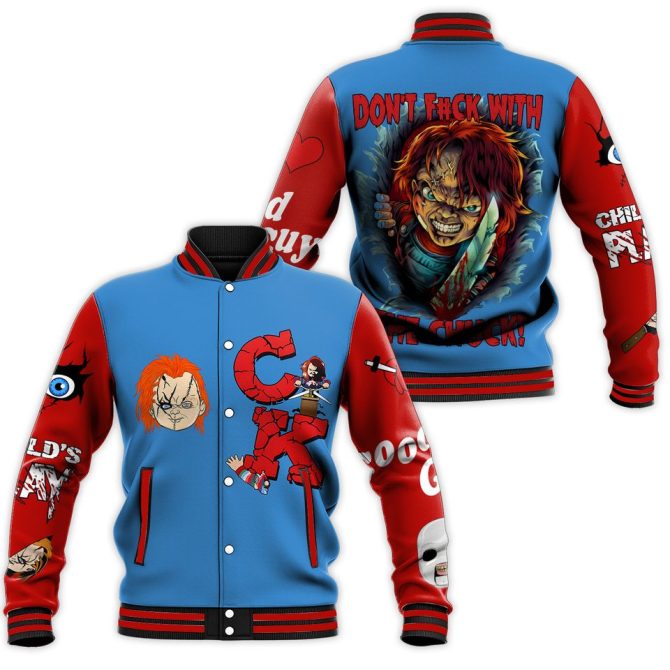 Chucky Horror Varsity Jacket – Bold Blue & Red Graphic Design, Perfect For Fans!