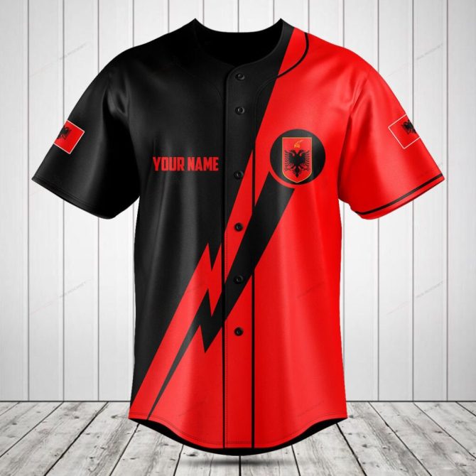 Custom Black & Red Baseball Jersey With Flag Design – Personalize Your Name Today!