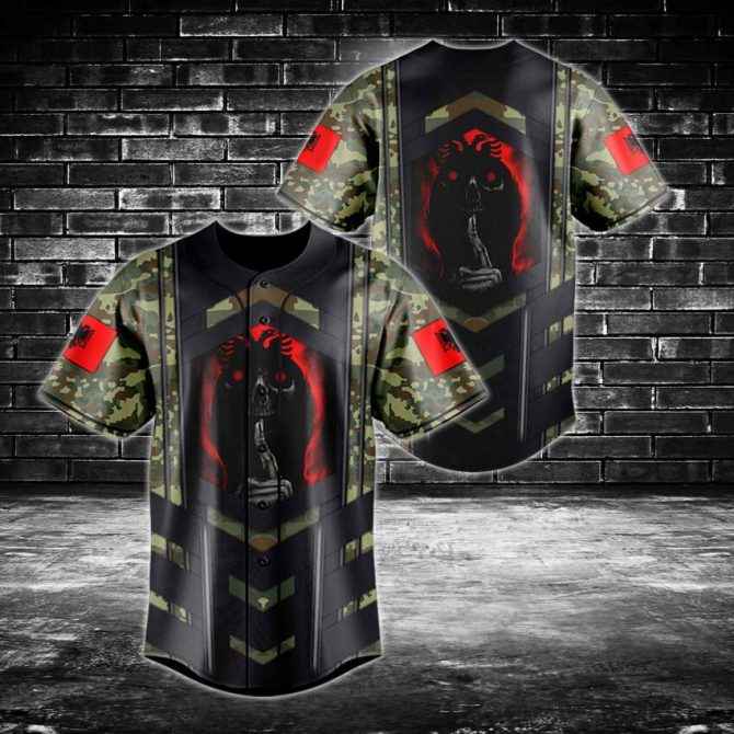 Men'S Camouflage Skull Baseball Jersey - Unique Gothic Streetwear With Red Highlights