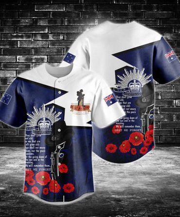 Men'S Remembrance Day Baseball Jersey Shirt - Lest We Forget Design With Poppies & Flags