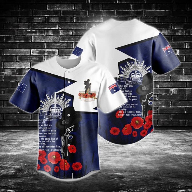 Men'S Remembrance Day Baseball Jersey Shirt - Lest We Forget Design With Poppies & Flags
