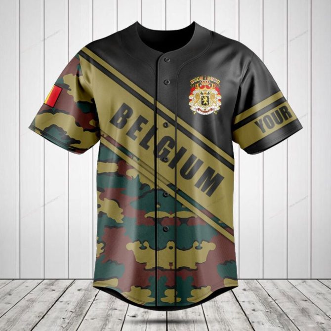 Belgium Camo Baseball Jersey - Customizable Flag Design, Stylish & Comfortable