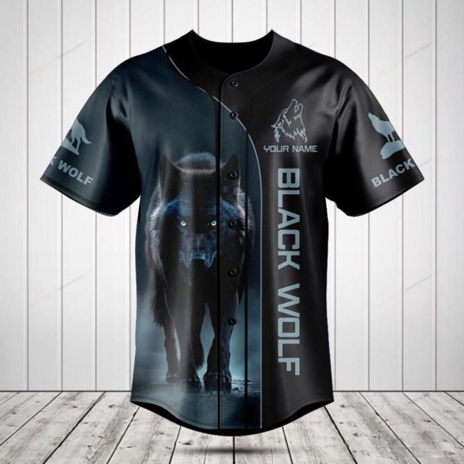 Black Wolf Baseball Jersey – Custom Name, Stylish Animal Print Apparel For Men & Women