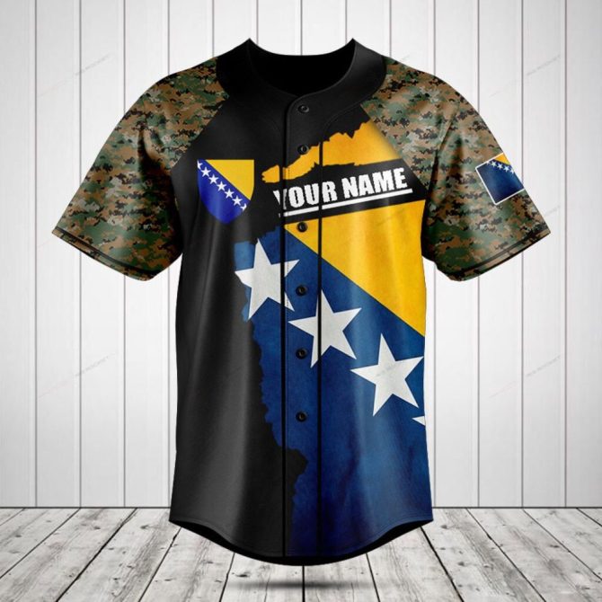 Custom Bosnia Flag Baseball Jersey – Personalized Name & Camo Sleeves