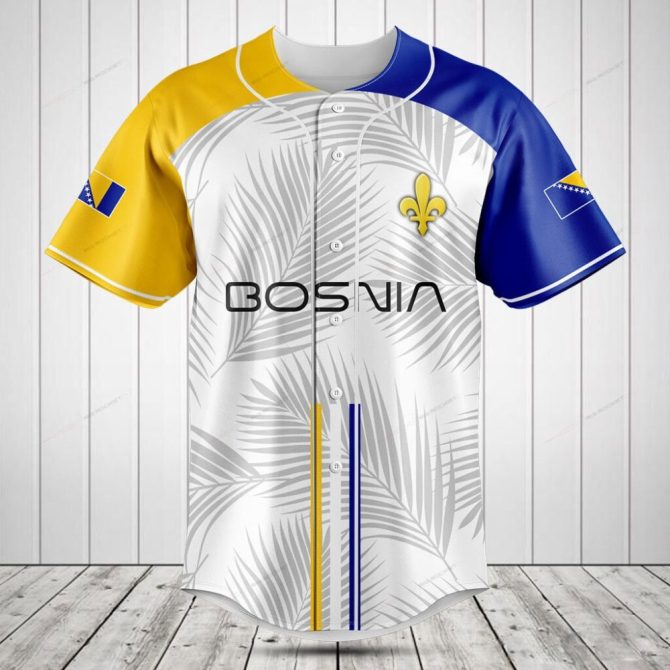 Bosnia Themed Baseball Jersey - Stylish Tropical Leaf Design, Short Sleeve, Unisex, Comfortable Fit