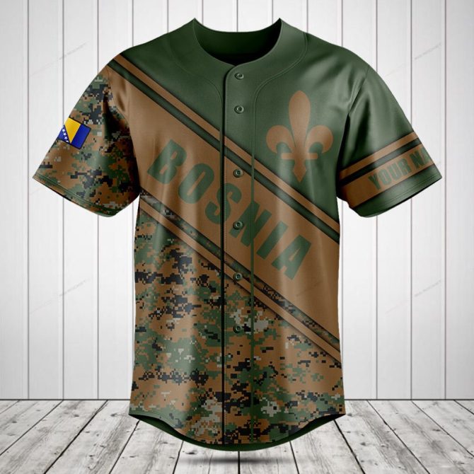 Custom Bosnia Camo Baseball Jersey - Personalized Name & Flag Design
