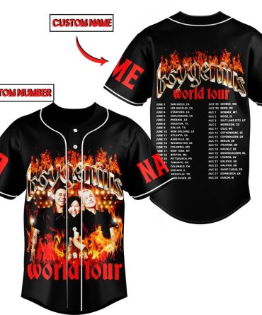 Customizable World Tour Baseball Jersey - Add Your Name & Number - Stylish Flame Design