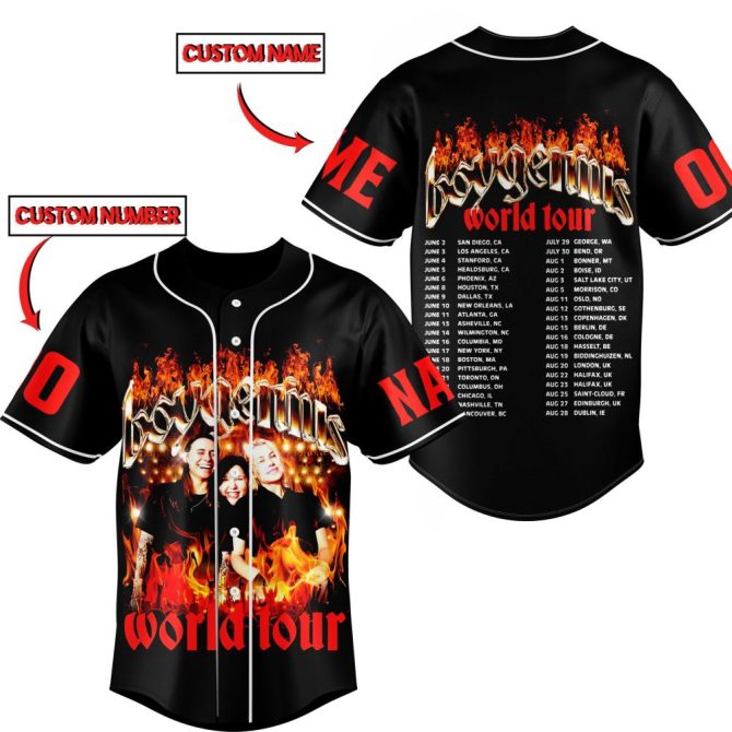 Customizable World Tour Baseball Jersey - Add Your Name & Number - Stylish Flame Design