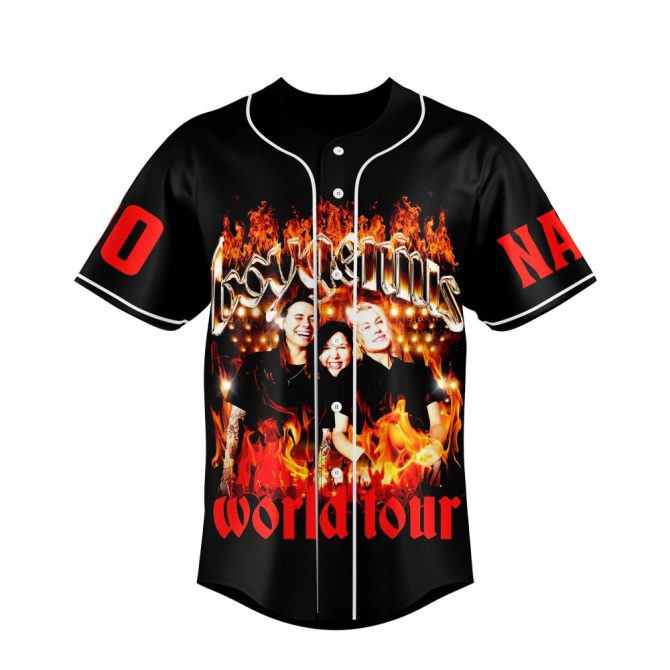 Customizable World Tour Baseball Jersey - Add Your Name & Number - Stylish Flame Design - Image 2