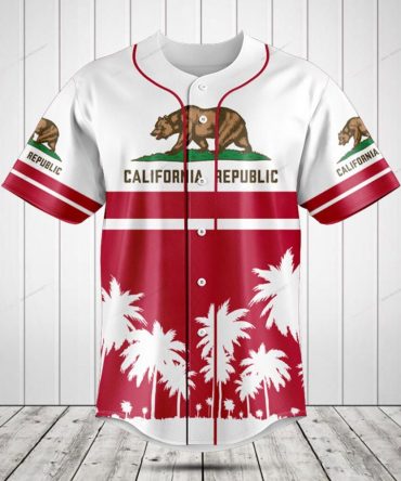 California Republic Baseball Jersey - Stylish Red & White Palm Design Shirt