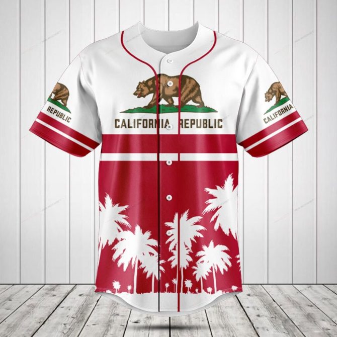 California Republic Baseball Jersey - Stylish Red & White Palm Design Shirt