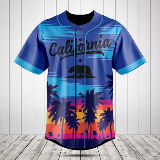 California Sunset Baseball Jersey - Vibrant Palm Tree Design, Men'S Fashion Top