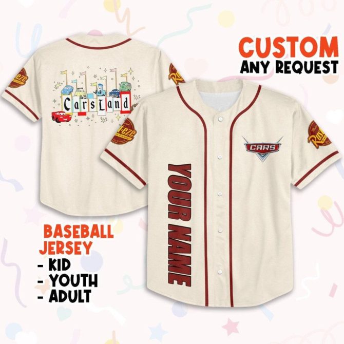 Custom Cars Land Baseball Jersey - Personalized Name For Kids, Youth & Adults - Image 2