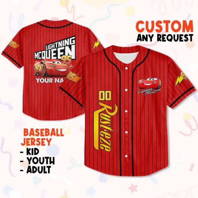 Custom Lightning Mcqueen Baseball Jersey For Kids, Youth & Adults – Personalized Name & Design!