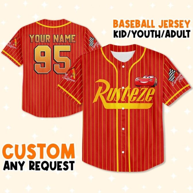 Customizable Kids/Youth/Adult Lightning Mcqueen Baseball Jersey - Add Name & Number! - Image 2