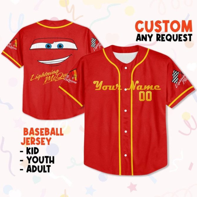 Custom Lightning Mcqueen Baseball Jersey - Kids, Youth, Adult Sizes - Personalize Your Name & Number!
