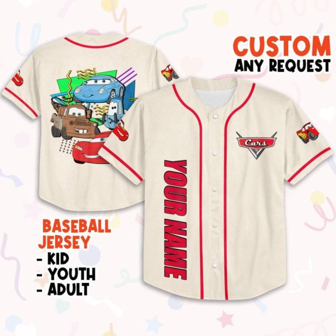 Customizable Cars Baseball Jersey For Kids, Youth & Adults - Add Your Name Now!