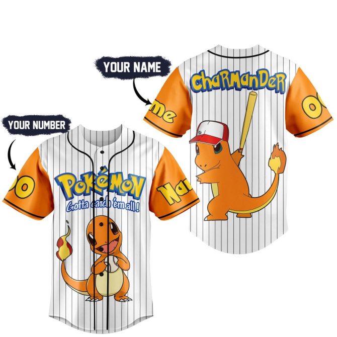 Customizable Charmander Baseball Jersey - Personalize Name & Number - Pokémon Fan Gift