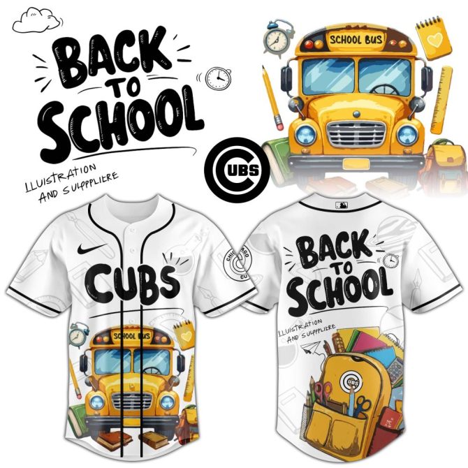 Back To School Cubs Baseball Jersey - Fun School Bus Design For Kids & Fans!