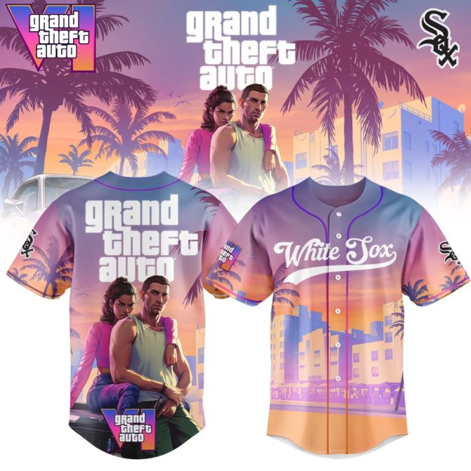Exclusive Gta-Themed White Sox Sunset Baseball Jersey – Stylish Gaming Apparel