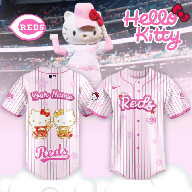 Custom Reds Hello Kitty Baseball Jersey – Cute Pink Stripes, Fan Apparel