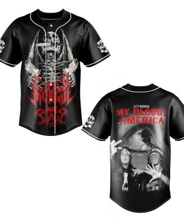City Morgue My Bloody America Graphic Baseball Jersey - Skull & Guns Design