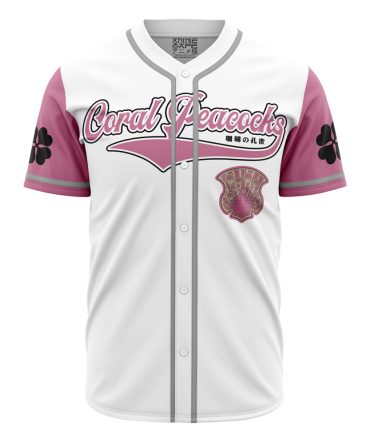 Coral Peacocks Anime-Inspired Baseball Jersey - Stylish White & Pink Design, Perfect For Fans!