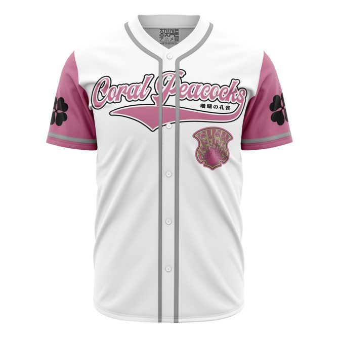 Coral Peacocks Anime-Inspired Baseball Jersey - Stylish White & Pink Design, Perfect For Fans!