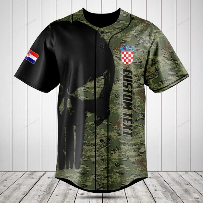 Customizable Military Camo Baseball Jersey With Croatian Flag & Text - Perfect Gift!
