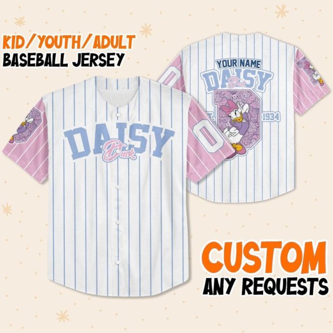 Customizable Daisy Duck Baseball Jersey For Kids/Youth/Adults – Unique & Personalized Gift! - Image 2