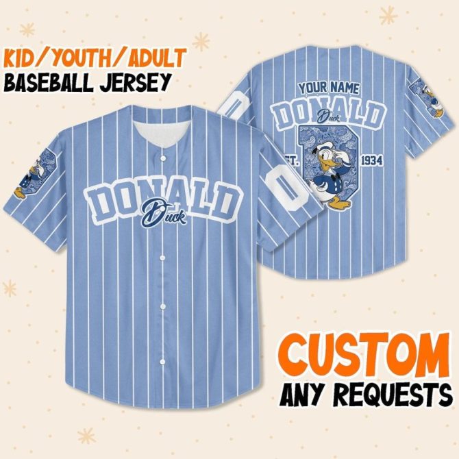 Customizable Donald Duck Baseball Jersey - Kids/Youth/Adult Sizes Available
