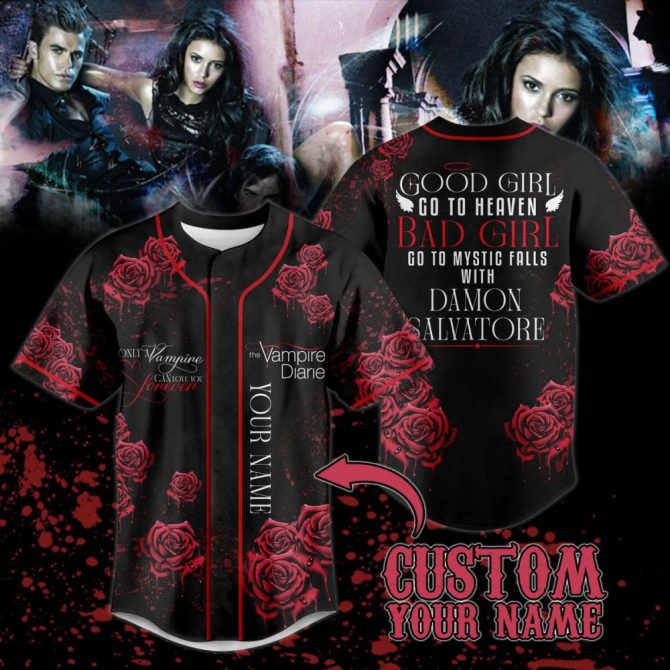 Custom Vampire Diaries Baseball Jersey - Add Your Name, Stylish Rose Design, Perfect Gift!