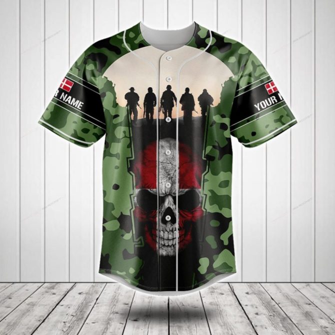 Custom Camouflage Military-Themed Baseball Jersey With Skull Design - Personalized Name & Flag