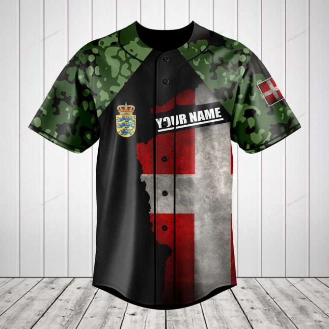 Customizable Danish Flag Baseball Jersey - Personalized Name & Camo Design, Perfect Gift!