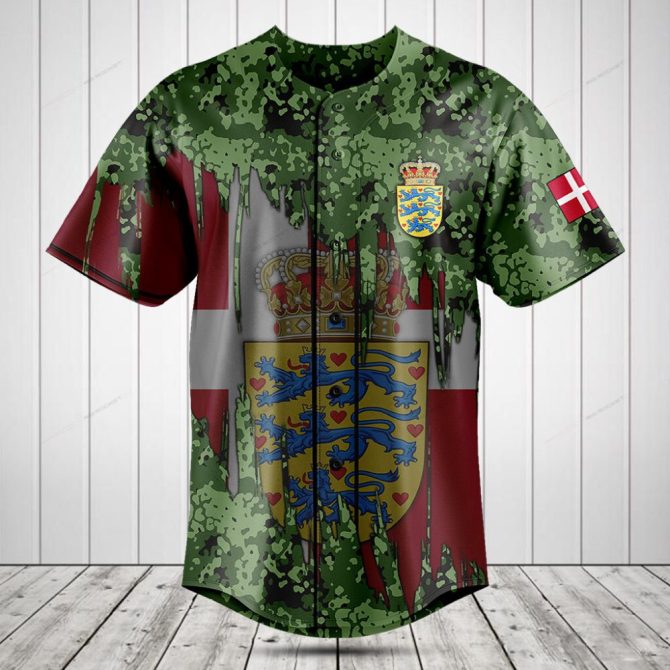 Danish Pride Camo Baseball Jersey - Stylish Flag And Crest Design Tee