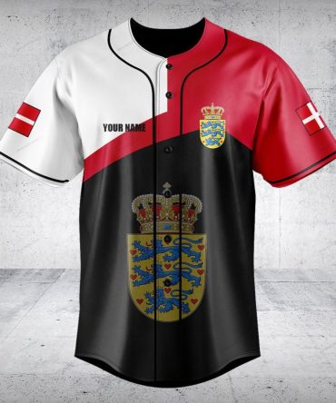 Customizable Danish Flag Baseball Jersey - Personalized Sportswear With Royal Crest Design