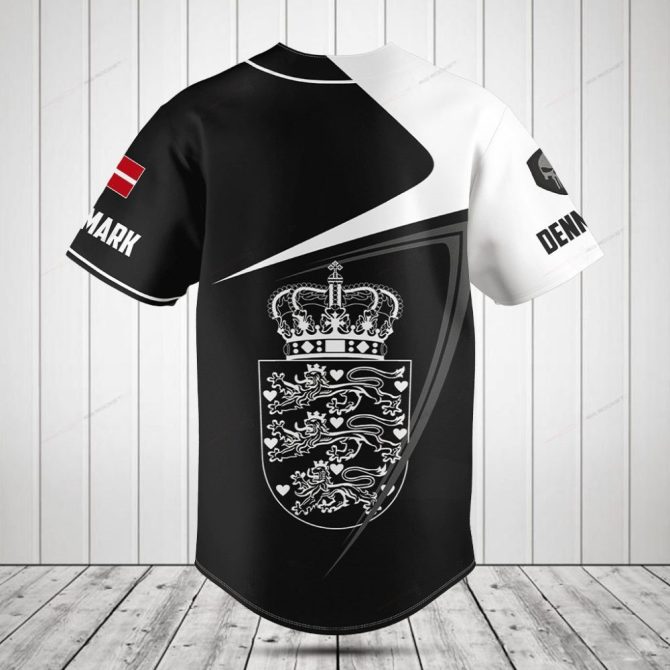 Custom Denmark Baseball Jersey – Personalized Name & Number, Stylish Black & White Design - Image 2