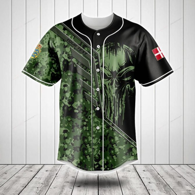 Men'S Camo Skull Baseball Jersey - Military Green & Black Graphic Tee Top