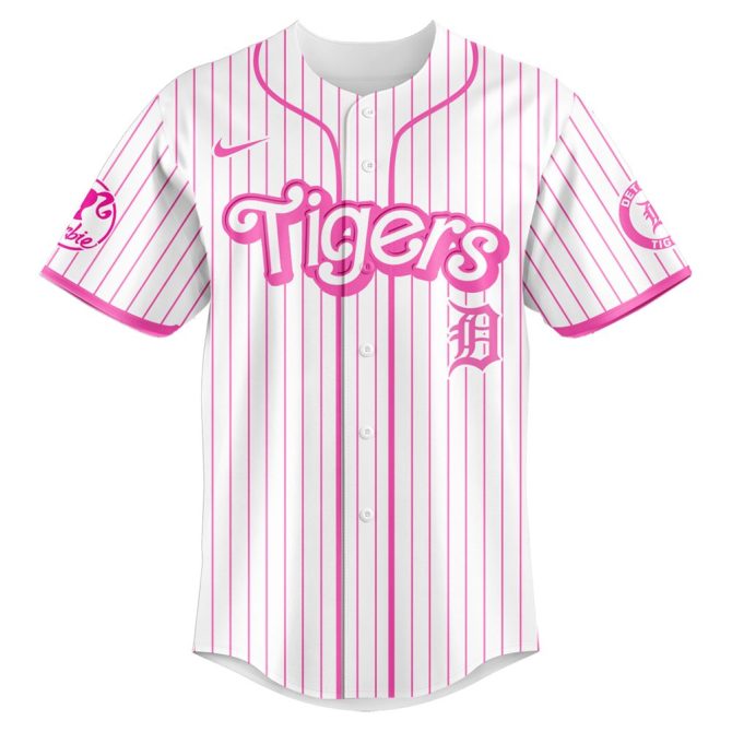 Limited Edition Barbie Night Game Detroit Tigers Jersey - Pink/White Stripes - Image 2