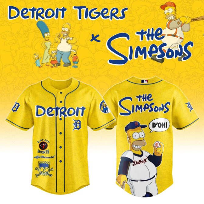 Limited Edition Detroit Tigers X The Simpsons Baseball Jersey – Vibrant Yellow, Homer Design