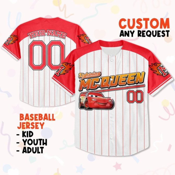 Custom Lightning Mcqueen Baseball Jersey - Personalized Name & Number For Kids, Youth, Adults